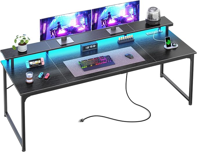 63 inch Gaming Desk, LED & Power Outlets, Monitor Stand, Black | Sturdy PC Desk for Home Office, Study & Work, LED Lights, 4 AC Outlets & USB-C Charging Station