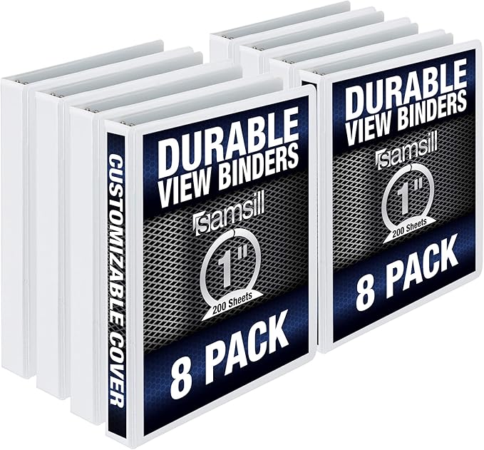 Samsill 8 Pack Durable 1 Inch 3 Ring Binders, Round Ring, Clear View Cover for Presentations, White