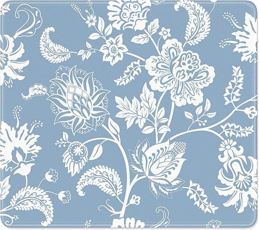 Mouse Pad, Minimalism Marble Style Computer Pad, Anti-Slip Rubber Mouse Mat with Stitched Edges for Gaming, Office, Laptop, PC, Women, 9" x 8" Thick 3 mm, Blue Flower
