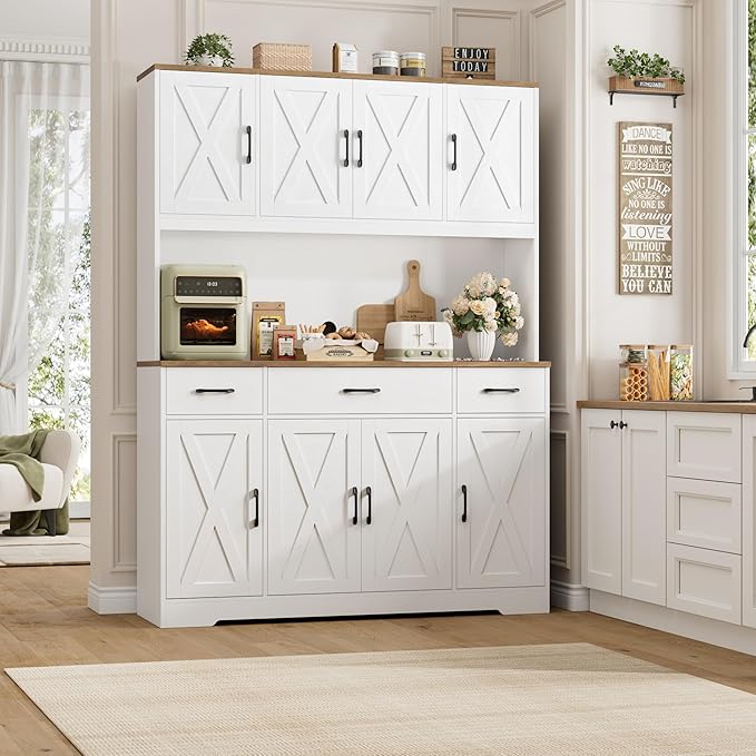 HOSTACK 71" Tall Pantry Cabinet with Charging Station, 55" Wide Kitchen Pantry Storage Cabinet with Countertop, Large Kitchen Hutch with Storage Drawers and Microwave Stand for Dining Room, White