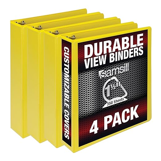 Samsill Durable 1.5 inch 3 Ring Binder, D Ring Binder, 100% Recycled Chipboard, Yellow, 4 Pack