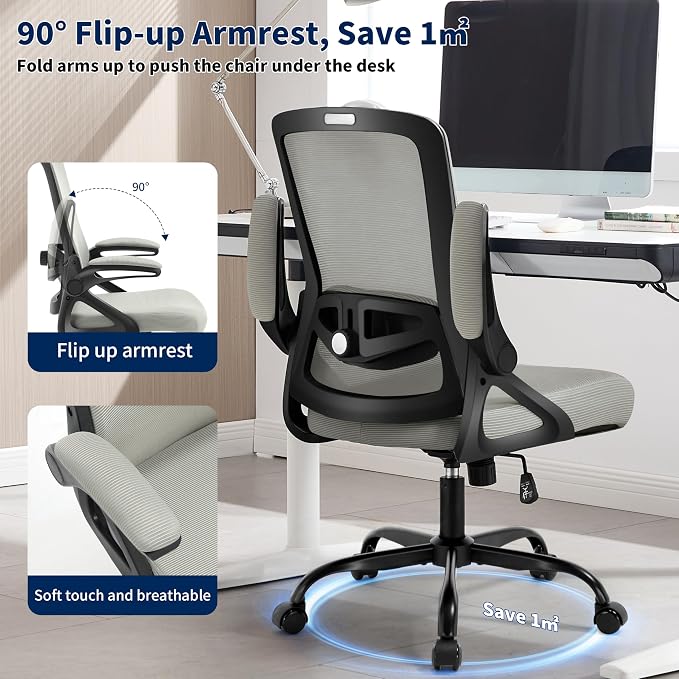 Ergonomic Office Chair Desk Chair with Adjustable Lumbar Support | Mesh Computer Chair Home Office Desk Chair with Flip-up Armrests Executive Task Chair Comfy Mesh Gaming Chair (Dark Gray)