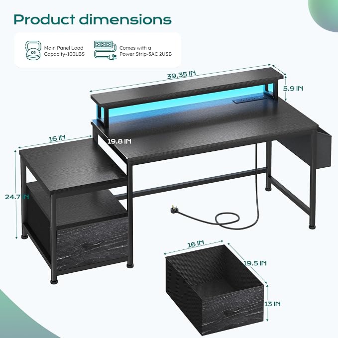 EnHomee 56.5" Office Desk with Drawers & Printer Space for Home Work,Black | Computer Desk with 3 AC Outlets& 2 USB Ports,Waterproof LED Strip Lights,Monitor Stand & Side Pockets,Home Office,Bedroom