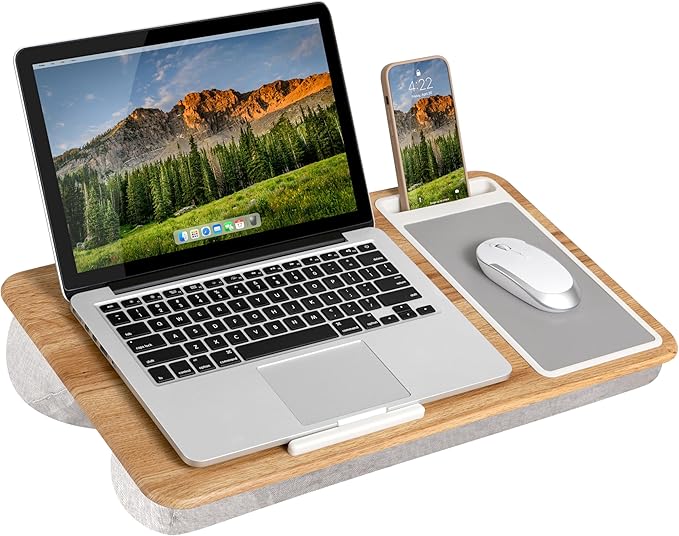 LAPGEAR Home Office Lap Desk – Oak Woodgrain, Fits 15.6” Laptops | Built-In Mouse Pad & Phone Slot, Integrated Device Ledge, Dual-Bolster Microbead Cushion, Carry Handle