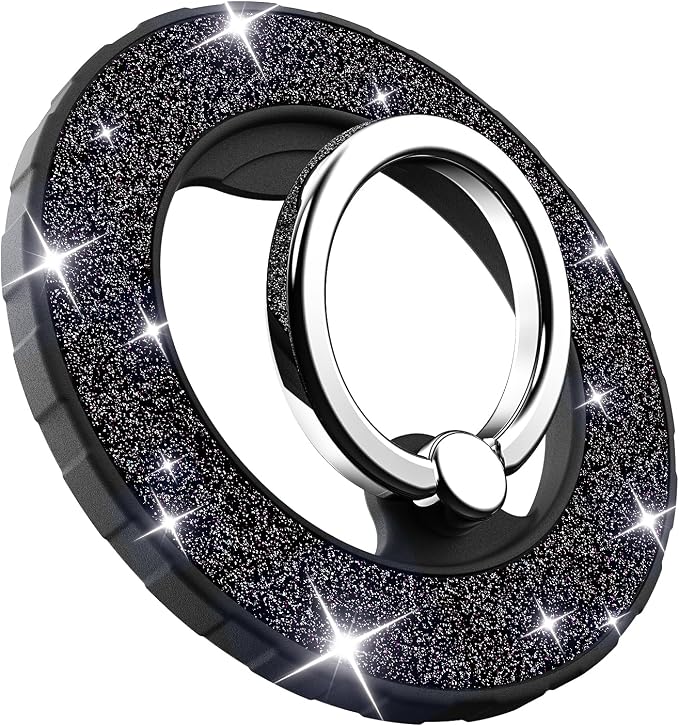 Magnetic Phone Ring Holder for MagSafe, Glitter Magnetic Grip | For iPhone 17 16 15 14 13 12 Pro Max,Pro,Plus,Mini, Pixel 10 Series Mag Safe Accessories,Adjustable Kickstand,Black+Black