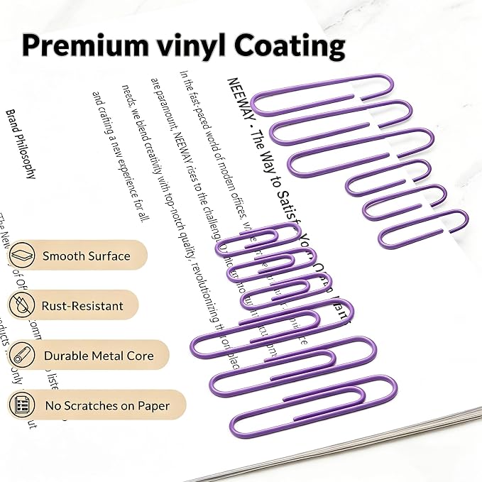 NEEWAY 450pcs Paper Clips Assorted Sizes, Small and Large Paper Clips (1.1 inch, 2 inch), Coated Paperclips for Office School Document Organizing (Purple)