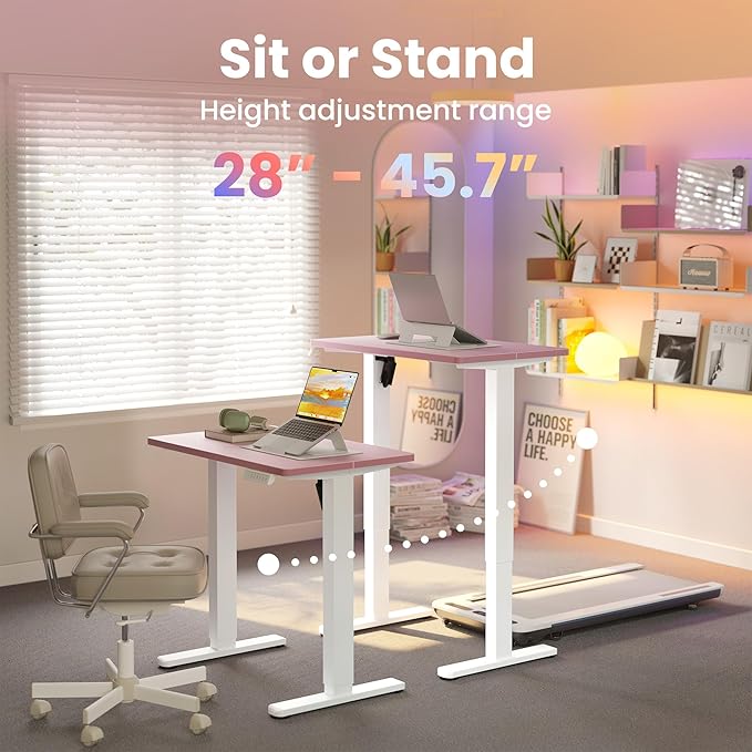 HUANUO 32x19 Inch Small Electric Standing Desk, Adjustable, Pink | 176 Lbs Capacity, Rounded Corners, Wheel-Ready Feet, Compact Desktop, Apartment Workspace, 28.3–46.5 Inch Height Range