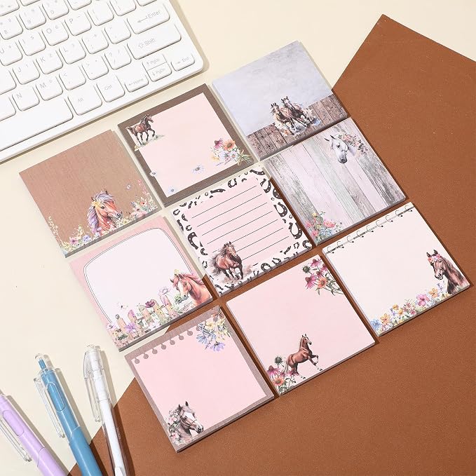 9 Pads Horse Sticky Notes, 3x3 Inch Cute Stick Notepads | Adhesive Memo Notes Pad, Coworker Gifts, Office Supplies Decor, Desk Accessories for Students, Teacher, Meeting