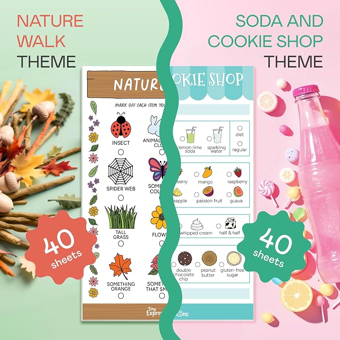 Kids Pretend Play Notepads – Order Taking & Scavenger Hunt | 40 Pages Order-Taking Soda & Cookie Shop Notepad & 40 Pages Nature Walk Scavenger Hunt for Imaginative Role Play