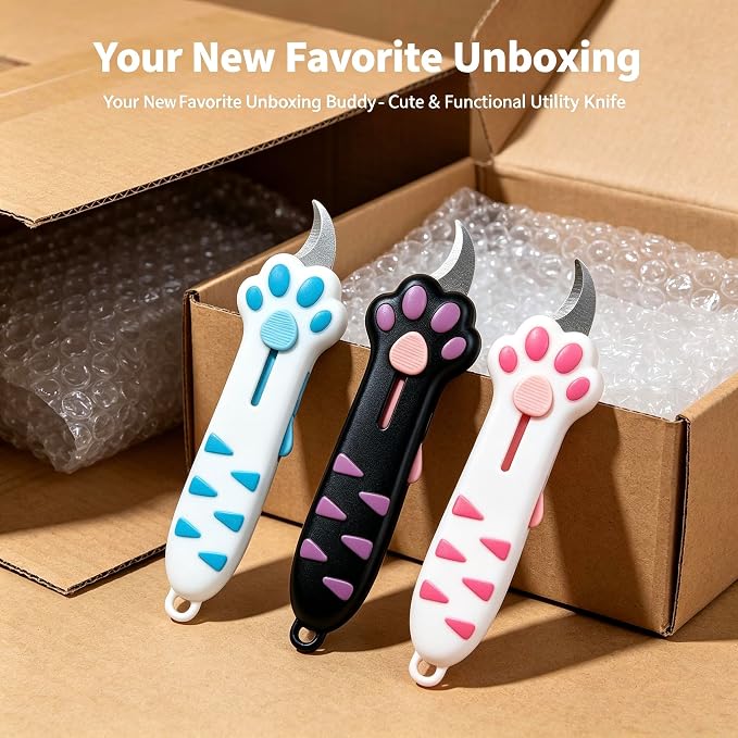 Cat Paw Box Cutter 3-Piece Set, Retractable Cat Claw Knife with Cute Paw Handle, Portable Utility Box Opener for Home Office Package Carton & Tape Cutting