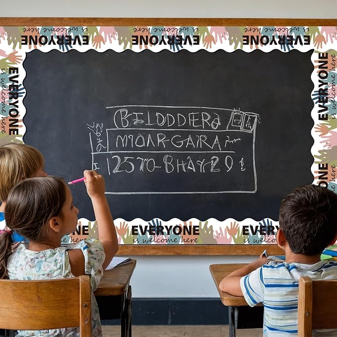 BeYumi Boho Diversity Border Trim - 65ft Back to School Everyone is Welcome Here Rolled Border Trim Multicultural Equality Inclusive Bulletin Board Classroom Chalkboard Kindergarten Elementary Decor