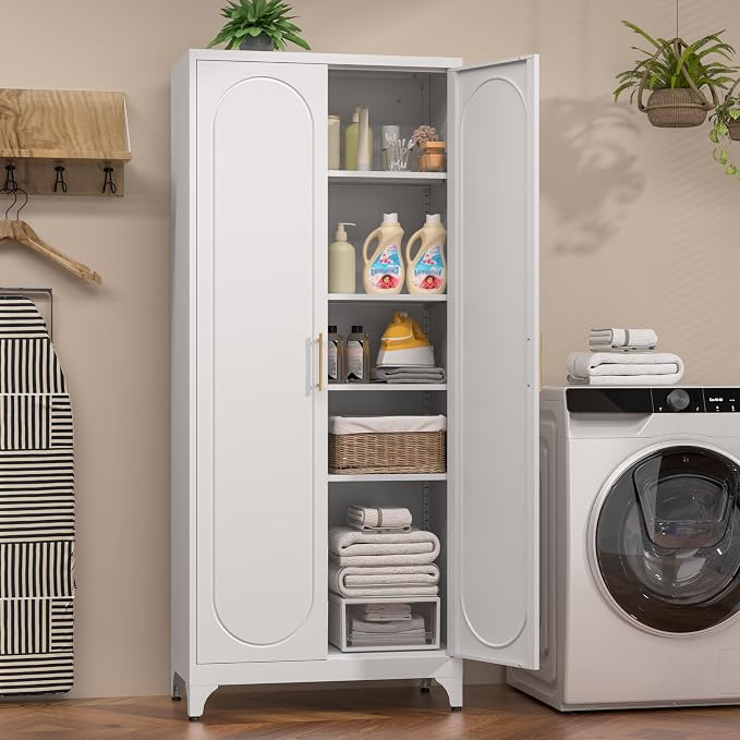 75" Tall White Storage Cabinet with Doors & 4 Adjustable Shelves | Metal Kitchen Pantry Cabinet, Metal Cabinet for Kitchen, Garage, Home Office, Living Room & School