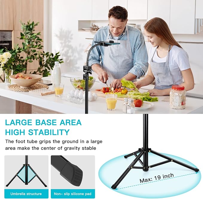 74" Flexible Phone Tripod, Tall Cell Phone Tripod with Adjustable Gooseneck | Portable Camera Cellphone Stand with Remote for Video Recording, Compatible with iPhone Android