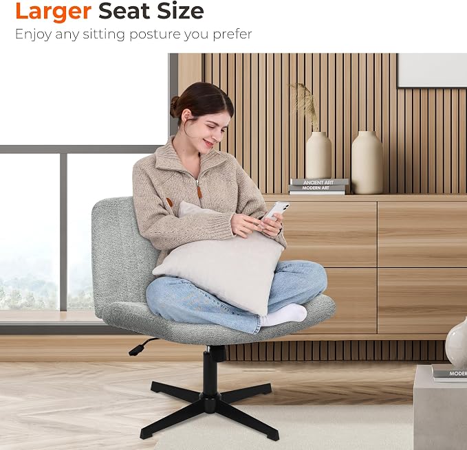 NEO CHAIR Criss Cross Chair with No Wheels, Cozy Wide Armless Seat, Grey | Cross-Legged Friendly, Comfy Support for Office, Desk, or Vanity, Smooth 360° Swivel Motion with Adjustable Height and Tilt