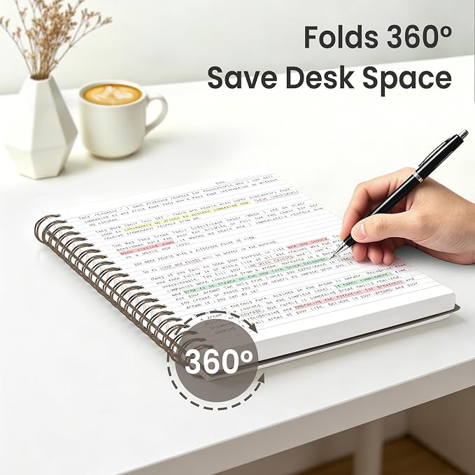 EMSHOI Lined Spiral Journal Notebook, 300 Pages, A4 Size (8.2'' x 11.2'') | College Ruled, 100 GSM Perforated Thick Paper, Flexible Plastic Cover, for School, Writing, Work & Journaling (Coffee)