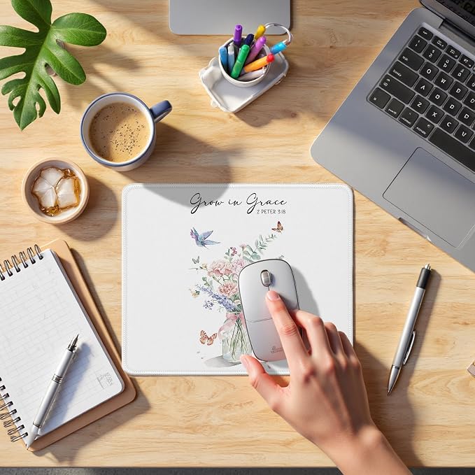 Christian Bible Religious Flower, Grow in Grace Bible Christian Mouse Pads Mousepad for Desk Office Computers Laptop,Religious Office Supplies Desk Accessories, 9.5x7.9 Inch