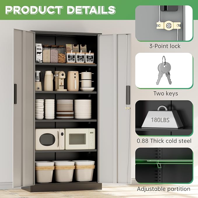 Metal Storage Cabinet with Lock, 71" H with 2 Doors and 4 Adjustable Shelves, Locking Garage Cabinet for Home Office, Kitchen, Bathroom, 16" D x 32" W x 72" H (Black Grey)