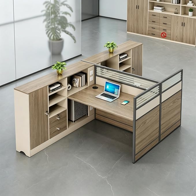 Modern Office Workstation Desk with Side Storage Cabinet, Tempered Glass Privacy Panels, USB Charging Hub & Cable Management, Modular Cubicle Desk for Office Work (B - Left, 2P)