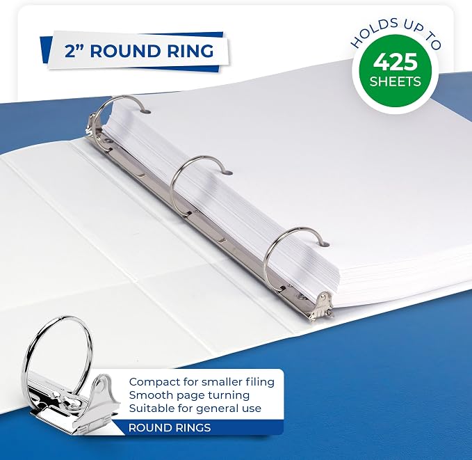 Samsill 2 Inch 3 Ring Binders, Economy Round Ring, Clear View Cover, 425 Sheet Capacity - for School, Home, Office - White, 12 Pack