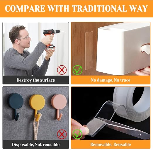 Double Sided Tape Heavy Duty for Wall Decor No Damage to Paint,Clear Removable Mounting Tape,Nano Two Sided Adhesive Tape,Picture Hanging Strips for Posters,Stickers - 2Rolls,Total(1.18in*13FT)