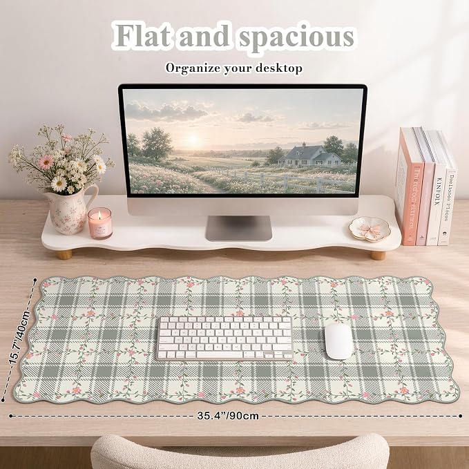 iCasso Light Green Mouse Mat 35.4"x15.7", Desk Shield for Workspace | Stylish Floral Desk Pad Including Stitched Edges, Scalloped Mousepad for Study Dorm Home Office Workspace Area