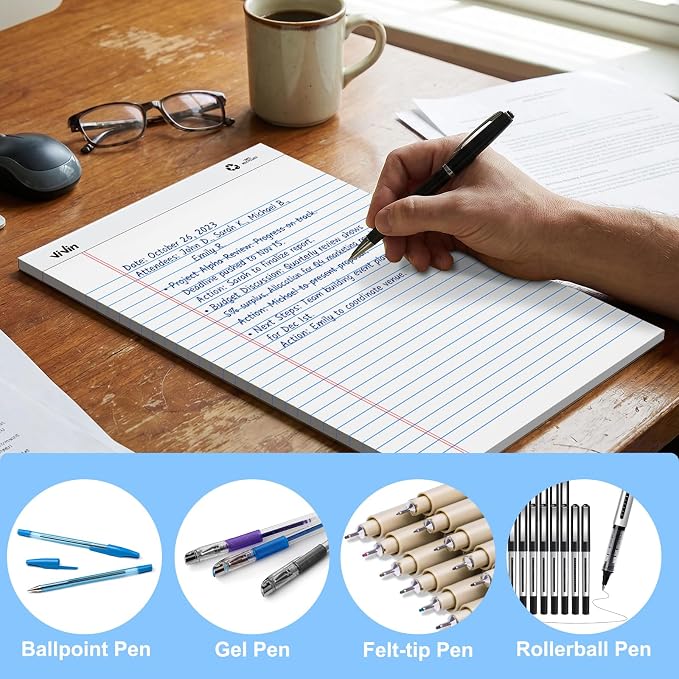 ViVin 12 Pack Legal Pads 8.5" x 11.75", Wide Ruled Note Pads, 30 Sheet/Pad | Perforated Writing Pads, Notepads for Office Home School, White Paper