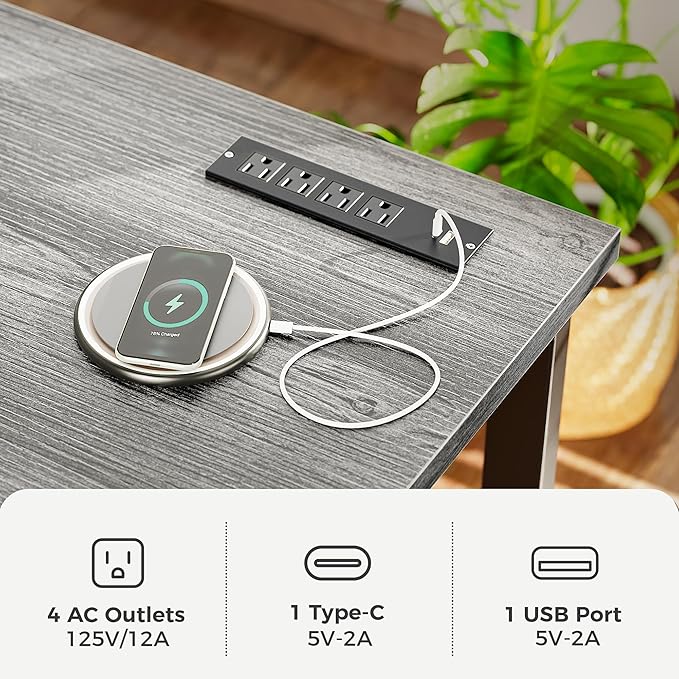 Huuger 48 x 24 inch Desk with Power Outlets & USB-C, Deeper & Thicker Desktop, Robust Metal Tubes, Computer Desk, Heavy Duty Office Desk, Work Gaming Desk for Home Office, Grey