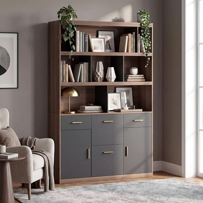 74.8" Tall File Bookcase with 4 Drawers, Cabinet, Wide Bookshelf | Wood Bookcase for Letter/A4 Size, 8-Cube Storage with 3-Tier Display Shelf for Home Office, Living Room, Study, Black Walnut