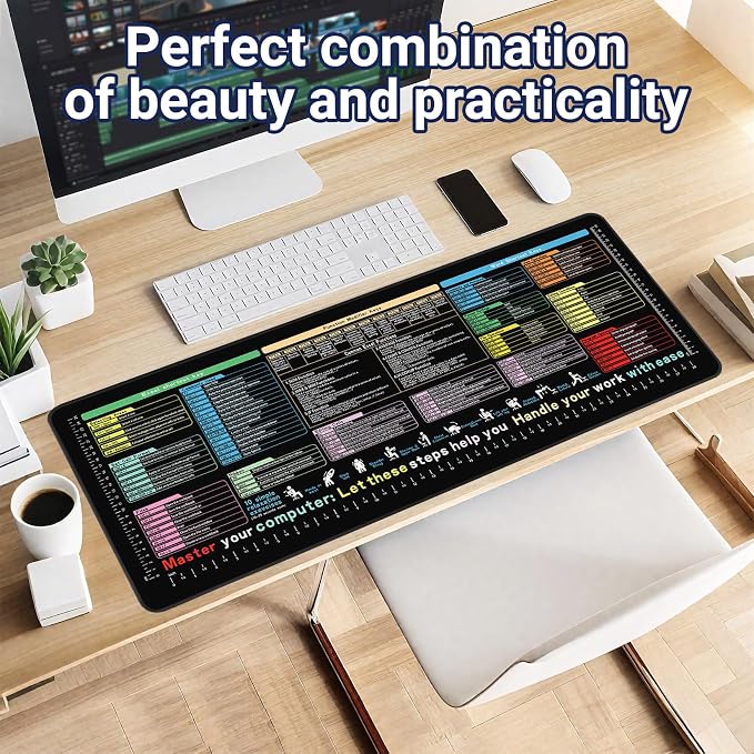 Excel Cheat Sheet Desk Pad 31.5x11.8-Large Waterproof Desk Mat with Inch Scale,Contain 12 Types of Common Skill in Excel&Word, Excel Shortcut Mousepad for Office Computer(Common Office Software 01)