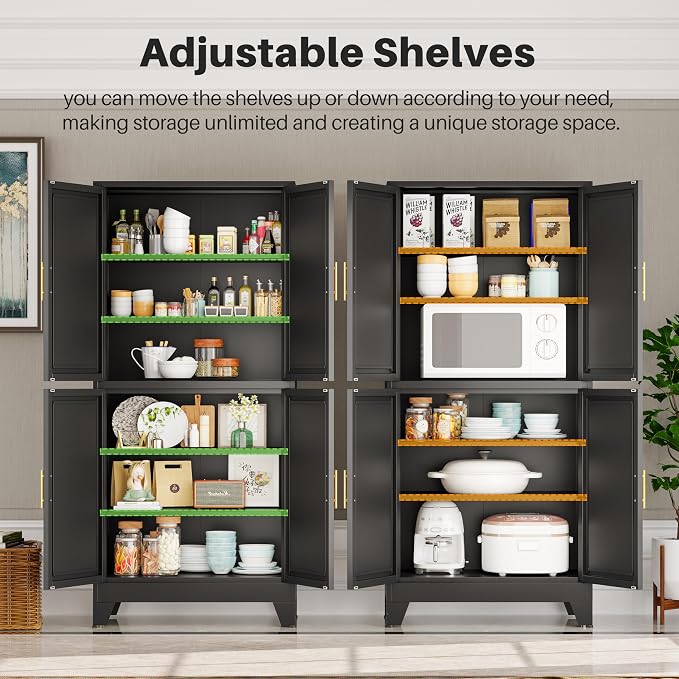 winiowa 75" Tall Kitchen Pantry Cabinet, Metal Storage Cabinet with Doors and Adjustable Shelves, Black Freestanding Pantry Cabinet for Kitchen, Dining Room, Living Room, Laundry Room, Bathroom