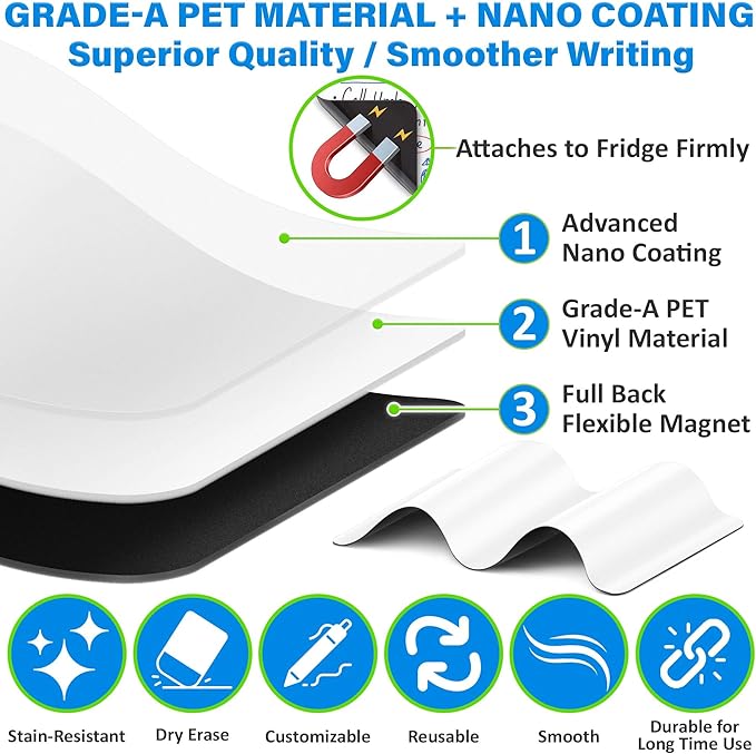 Magnetic Dry Erase White Board Sheet for Fridge - 17x11 - Stain Resistant Technology with 3 Markers & Big Eraser with Magnet - Small Refrigerator Whiteboard Planner Organizer - by Yes4Quality