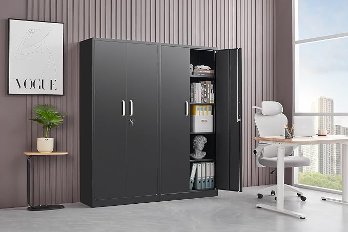 Approgreent Metal Storage Cabinet with Adjustable Shelves, Garage Cabinet with 2 Lockable Doors, Garage Storage Cabinet, Kitchen Pantry Cabinet - 71'H, Black