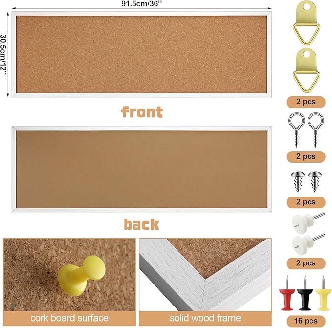12'' x 36'' Cork Bulletin Board Framed Large Wall Mounted Corkboard with Installation Kit, Push Pins for Home and Office Decor, School Message or Vision Background(White)