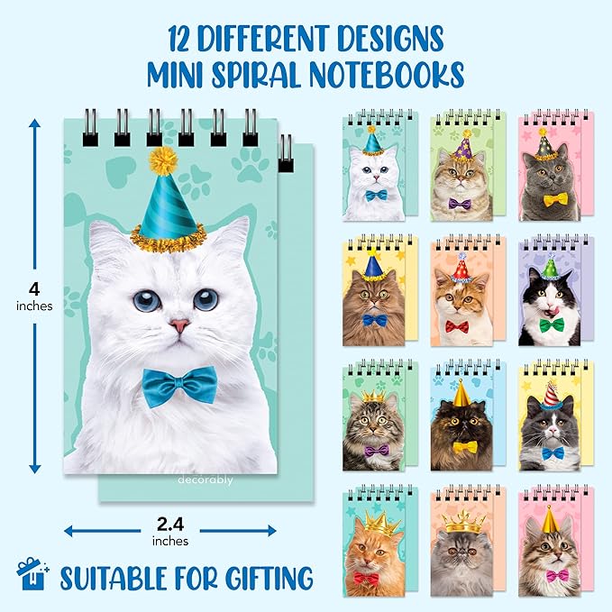 Decorably 24 Pack Spiral Cat Party Favors for Kids - 12 Kitty Designs 2.4x4in Mini Notepads, Spring-Bound with 20 Sheets - Gifts for Birthday, Baby Shower, Children's Party, School