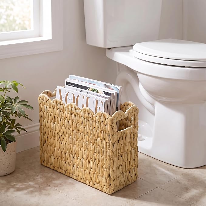 Magazine Holder with Handle, Handwoven Magazine Basket | Decorative Water Hyacinth Wicker Magazine Rack for Books, Files, Newspapers, Book Basket Organizer for Office, Living Room