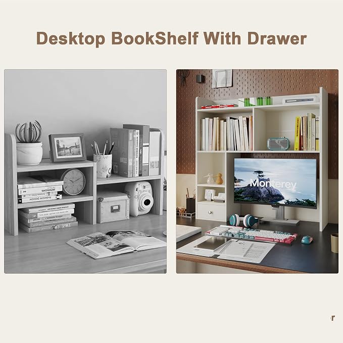 ChooChoo Desktop Bookshelf with Lights and 5 Shelves and 1 Drawer | 36.4" Tall Countertop Desk Hutch, Computer Desk, Desk Shelf Organizer, Dorm Office Home, White