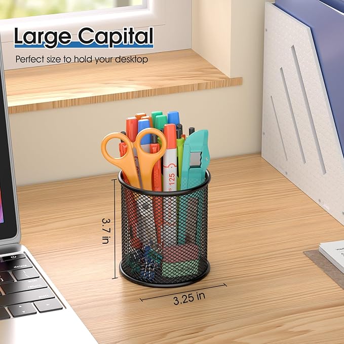 MaxGear Pen Holder, 3 Pack Pencil Holder for Desk, Premium Mesh Metal Desk Organizer with Non-Slip EVA Pad, Desk Accessories & Workspace Organizers for Home, School & Office, Black, 3.7’’ Tall