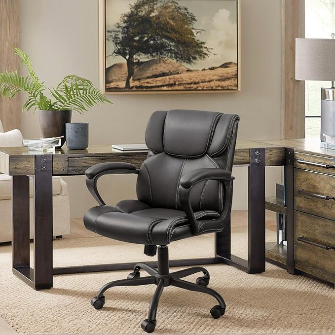 Furmax Mid Back Executive Office Chair Swivel Computer Task Chair with Armrests,Ergonomic Leather-Padded Desk Chair with Lumbar Support