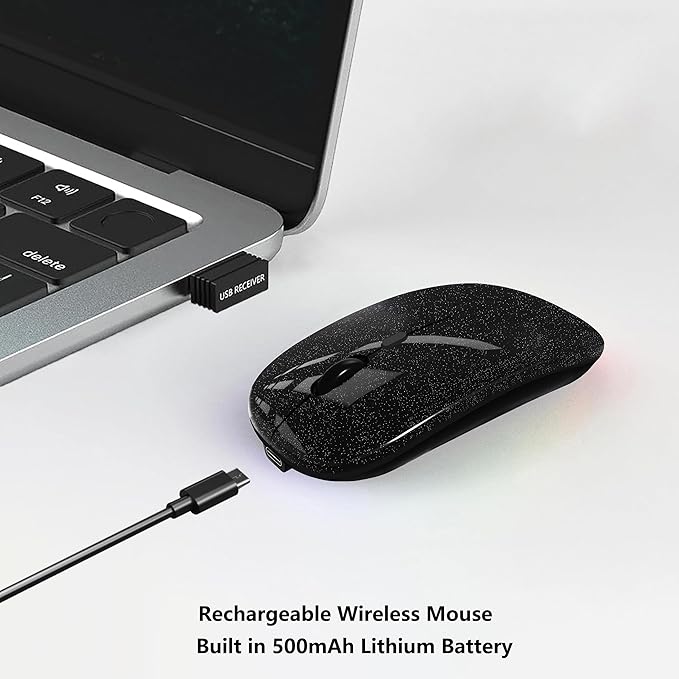 Wireless Bluetooth Mouse Rechargeable Laptop Mice Silent Slim Use(Bluetooth5.2 and Portable 2.4GHz USB Receiver)Dual Mode Computer Mouse for Laptop/iPad/Tablet/Apple/Computer/Mac(Bright Black)