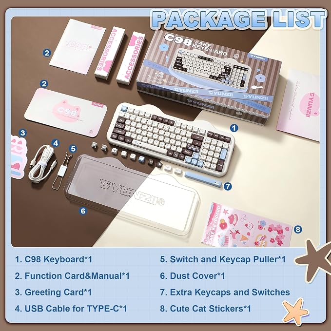 YUNZII C98 Cute Cake Wireless Mechanical Keyboard(Choco, Candy Switch) | 99 Keys with Number Pad, Hot Swap, PBT MOA Keycaps, BT5.0/2.4G/USB-C, Gasket Mount, Custom RGB Backlit for Win/Mac