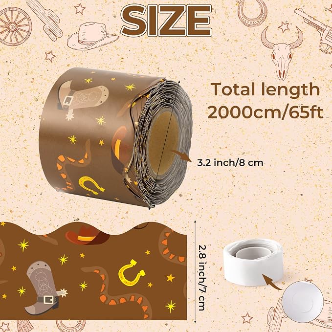 BeYumi Western Cowboy Border Trim - 65ft Back to School Western Themed Scalloped Rolled Border Trim Wild West Themed Bulletin Board Set Classroom Office Chalkboard Kindergarten Wall Party Decoration
