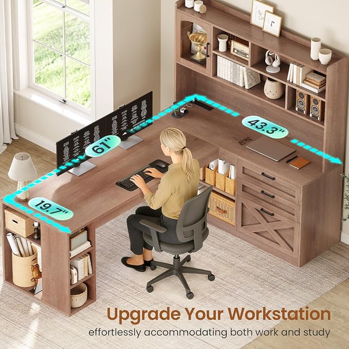 SEDETA 61" L Shaped Office Desk with Drawers and Storage, Light Brown | Computer Desk with Storage Shelves and Power Outlet, Corner Gaming Desk with LED Light and Display Cabinet for Home Office