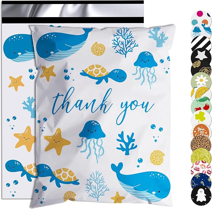 Thank You Poly Mailer 10x13 Inch 100 Pcs, Waterproof and Tear-Resistant Shipping Bags for Clothing, Strong Mailing Bags with Self-Seal, Cute Packaging Bags for Small Business - Ocean