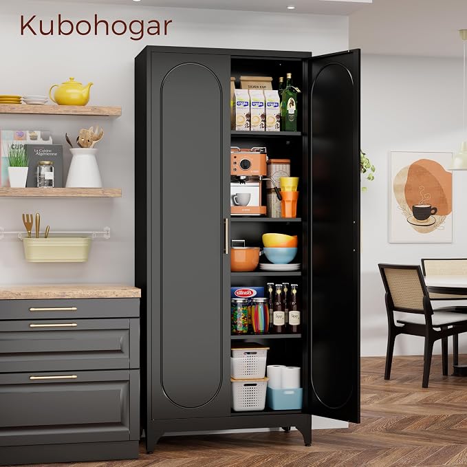 75" Tall White Storage Cabinet with Doors & 4 Adjustable Shelves | Metal Kitchen Pantry Cabinet, Metal Cabinet for Kitchen, Garage, Home Office, Living Room & School