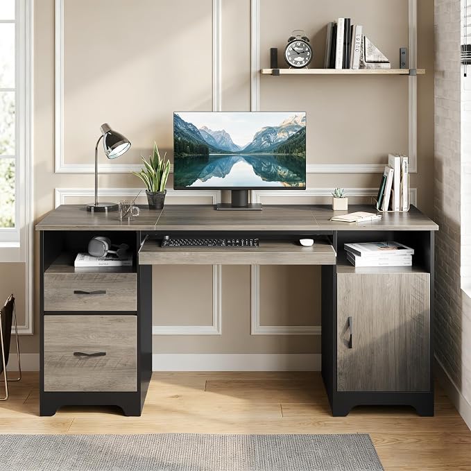 Bestier 59" Executive Desk, File Drawer, Keyboard Tray & 2 Drawers, Gray | File Drawer For Letter/A4/Legal Folders, 2 Storage Drawers, Keyboard Tray, Cable Management, 200 LBS Capacity, Wood Finish
