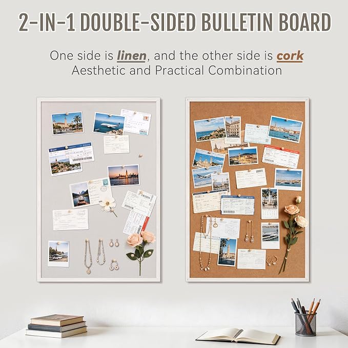 SELEAD Double-Sided Linen and Cork Bulletin Board (30"x20", Oatmeal White) | 2-in-1 Fabric Linen & Cork Pin Board, White Wood Frame Wall Decor Photo Display Vision Board for Home Family, Office, Kitchen