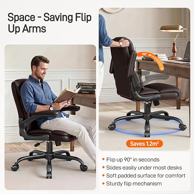 Office Chair, Executive Mid-Back Computer Desk Chair with Flip-up Armrests | 300 Lbs Ergonomic Leather Swivel PC Chair with Rock Function for Working Studying (Coffee)