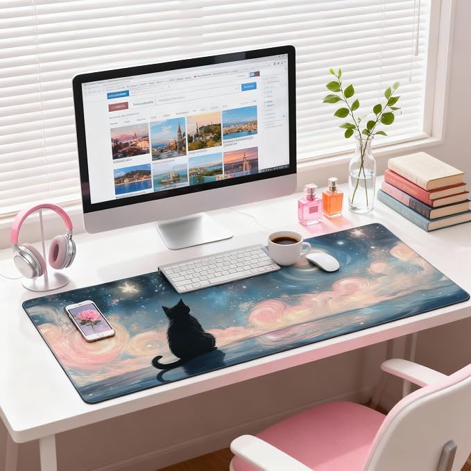 Cute Anime Black Cat Gaming Mouse Pad, Colorful Van Gogh Desk Mat with Anti-Slip Base & Stitched Edges, Computer Keyboard & Laptop Pad, 35.4" x 15.7" in in Workstation Accessories