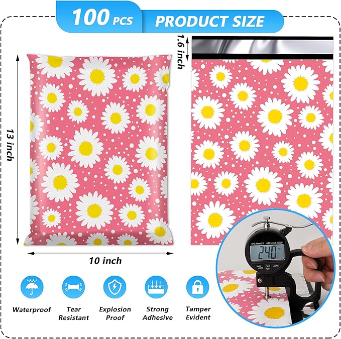 Poly Mailer 10x13 Inch 100 Pcs, Waterproof and Tear-Resistant Shipping Bags for Clothing, Cute Mailing Bags with Self-Seal, Daisy Printed Packaging Bags for Small Business
