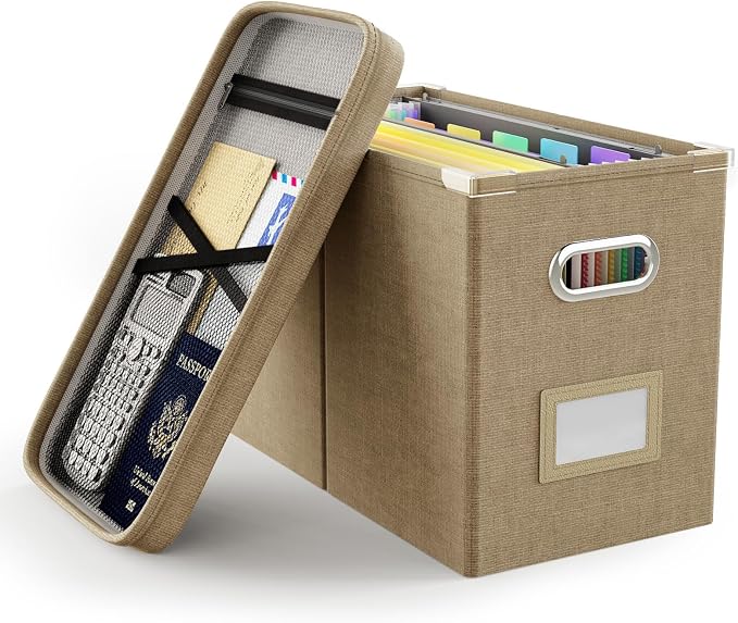 File Organizer Box with Lid, Hanging Filing File Box with Mesh Pocket, Document Organizer Box for Letter Files, Portable Storage Box with Smooth Sliding Rail for Office&Home(1 PCS, Khaki)